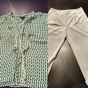 Sleevless green blouse & Casual gray trousers